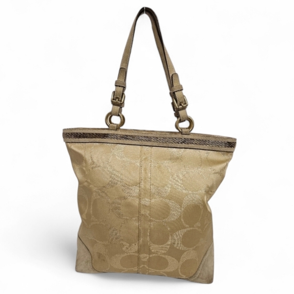 Coach Signature F06J-10390 Beaded Tote Bag In Canvas And Suede In Gold And Tan - Picture 3 of 15